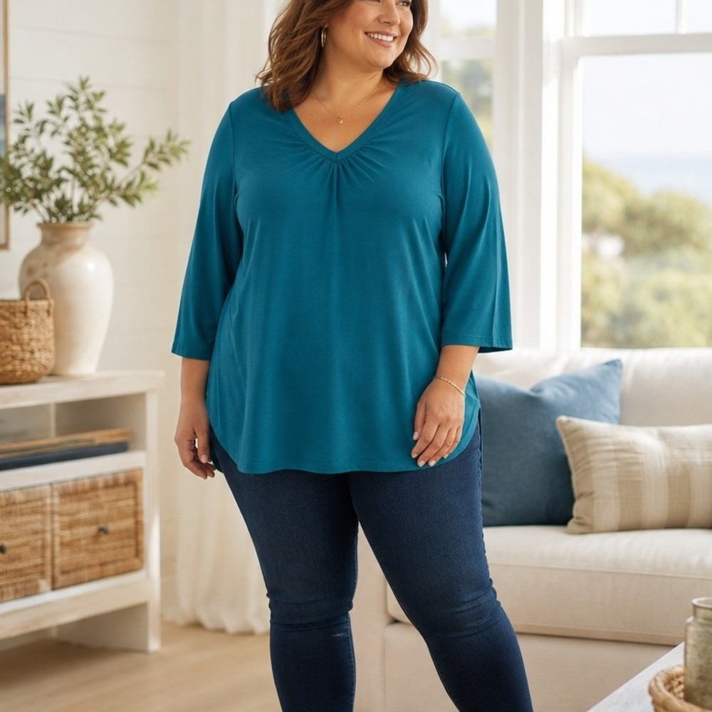 Woman Within Teal Blue V-Neck 3/4 Sleeve Cotton Tunic Top Plus Size 1X 22/24